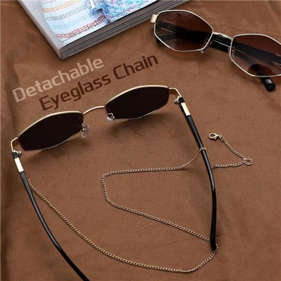 Elegant Sunglasses Womens Trendy 2024, Retro Designer Sun Glasses with Chain - Picture 2 of 7
